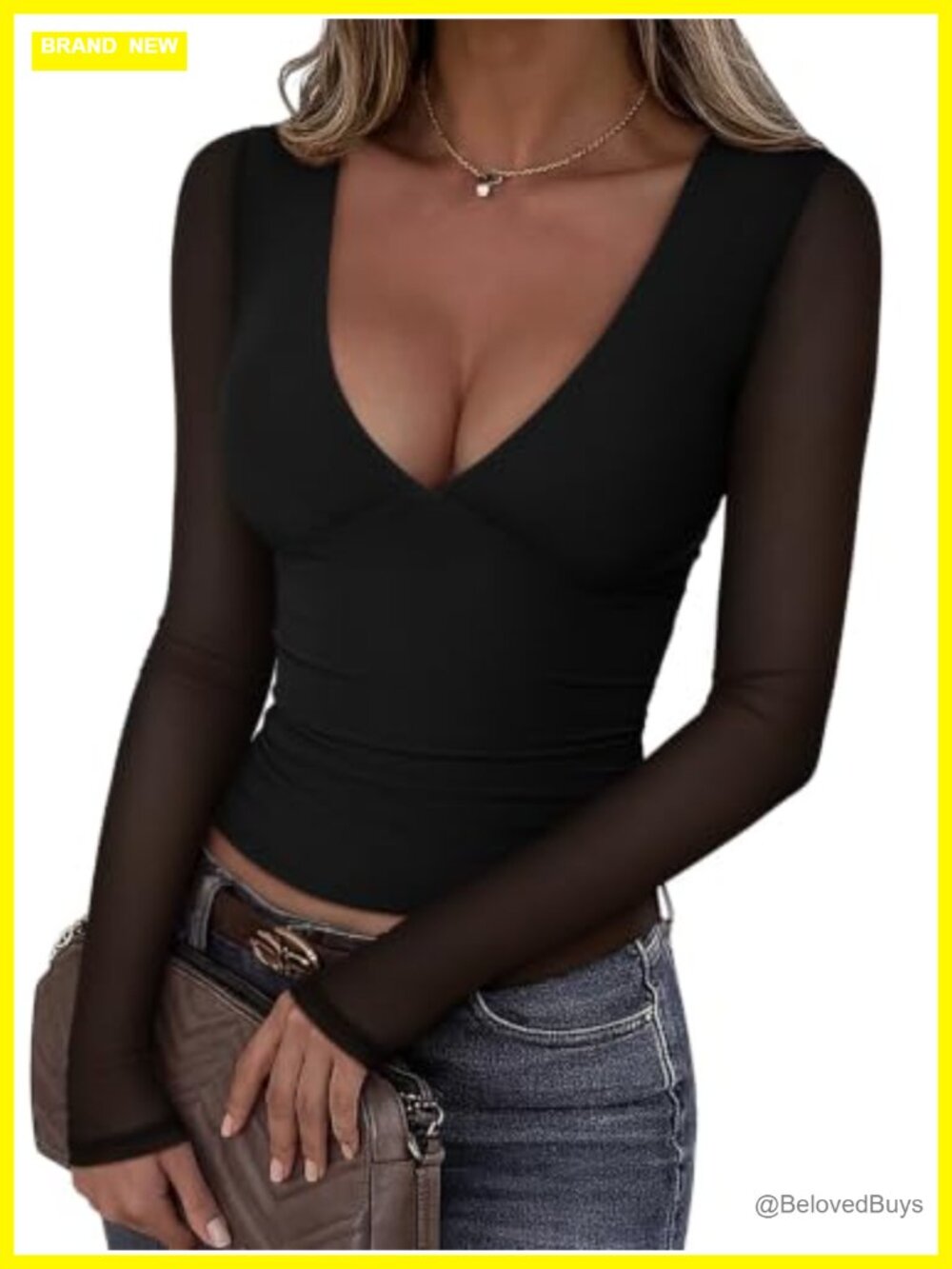Sheer Mesh V Neck Long Sleeve Top Built in Bra Going Out Shirt